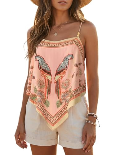 CHICME Tropical Tops for Women Parrot Floral Print Cami Top Beaded Spaghetti Strap Boho Vacation ... | Amazon (US)