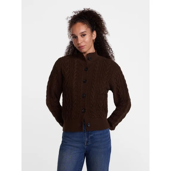 Scenario Woman's Cable Cardigan Sweater with Long Sleeves, Mid-weight, Sizes XS-XXXL | Walmart (US)