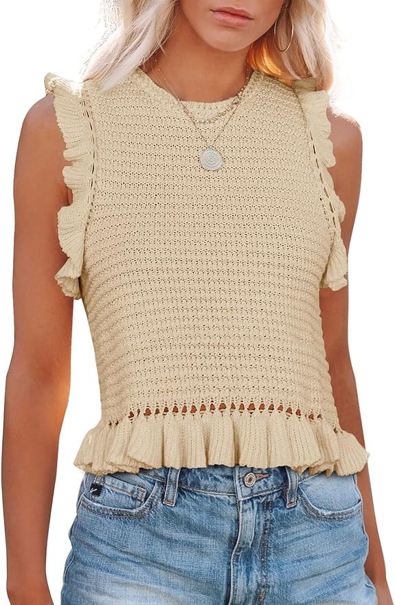 PiePieBuy Women's Summer Knit Tank Tops Crew Neck Sleeveless Cami Shirts Tees Ruffle Sweater Vest | Amazon (US)