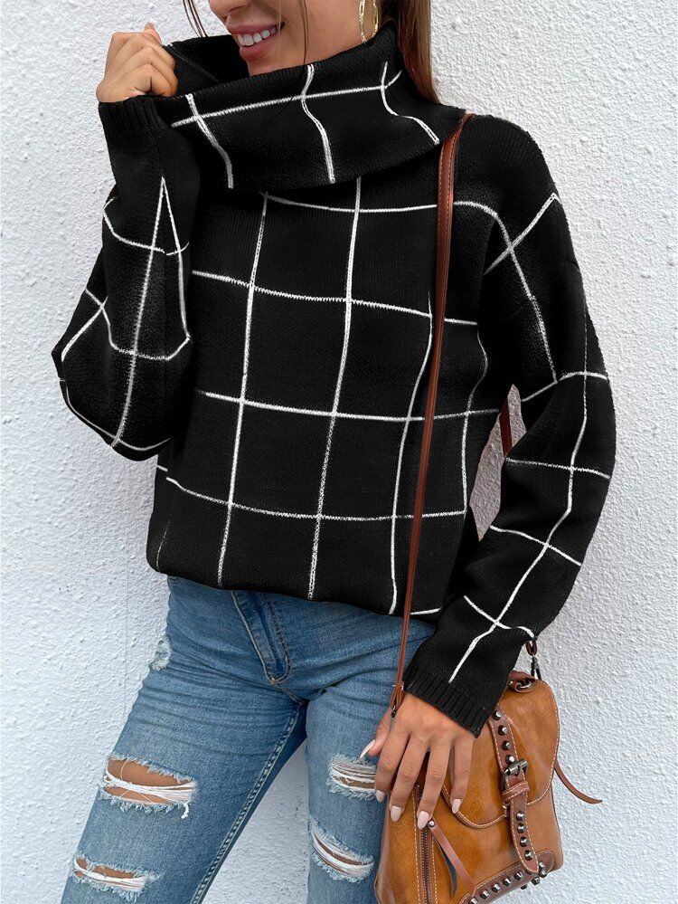 Grid Pattern Turtleneck Drop Shoulder Sweater | SHEIN