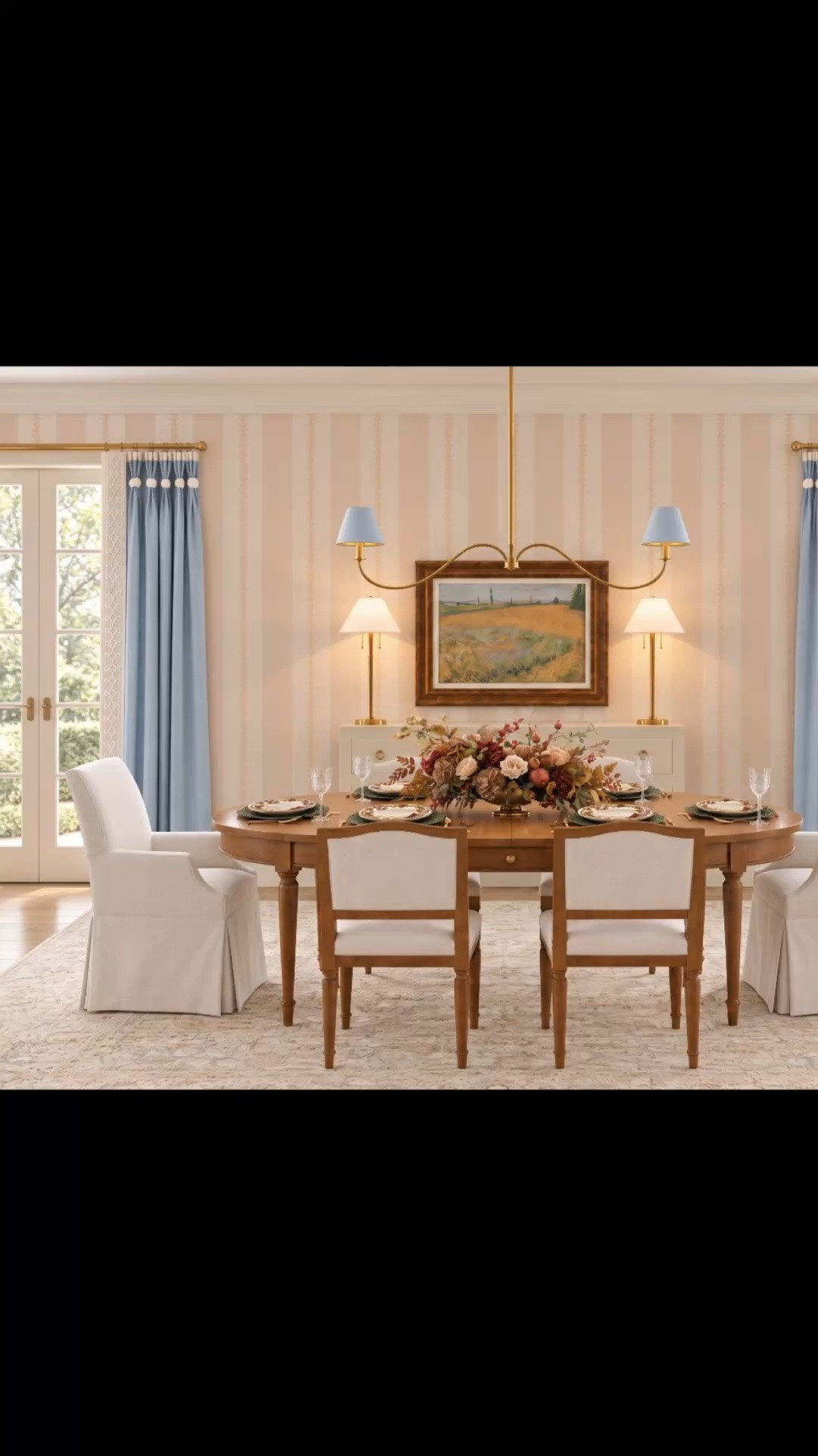 Dinner will be served here! ✨🥂 Timeless elegance meets modern sophistication in a dining room beautifully styled for the holiday gathering season!

I love the Caledonia Dining Chairs, with their classic solid oak frames and tailored upholstery. They bring Old World charm with a fresh, modernized feel.

The Beach House Expandable Breakfast Table in warm Sepia highlights the beautiful natural wood grain. Its elegant round design expands from 48 to 72 inches, perfect for everyday dining and holiday entertaining.

Soft skirted upholstered chairs add a graceful touch, while the hand-knotted rug brings beautiful pattern and texture.

Above the table, the Calistoga Linear Chandelier makes a stunning statement! Its gracefully curved brass arms, tailored linen shades, and clean horizontal silhouette bring refined, city-chic elegance.

Soft blue drapery, fresh flowers, and beautifully layered dinnerware complete this inviting space, ready for memorable dinners and festive gatherings! 🥂

✨ Serena & Lily Dining & Entertaining Event! Enjoy up to 30% off. Some exclusions apply.

Shop my handpicked dining furniture and entertaining essentials on LTK!

#DinnerIsServed #HolidayEntertaining #GatheringSeason #DiningRoomDesign #ModernClassic #ModernChic #CaledoniaDiningChair #DiningChairs #SkirtedDiningChair #BeachHouseTable #ExpandableDiningTable #SepiaFinish #CalistogaLinearChandelier #LinearChandelier #LinenChandelier #BrassChandelier #HandKnottedRug #AreaRug #Drapery #BuffetLamps #FlowerArrangement #FloralCenterpiece #Dinnerware #DinnerSet #Tablescape #TableSetting #WineGlasses #LTKHome #LTKSaleAlert