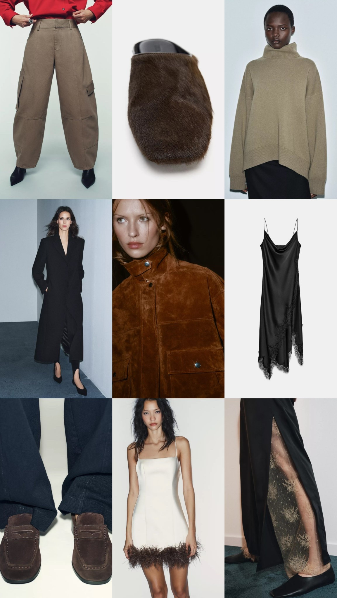 Zara new drop - autumn winter 🍂 

Long black coat - lace trim satin dress - brown suede loafers - suede bomber jacket - partywear - party dress - ankle boots - cargo pants - chunky knitwear  #zara

#LTKuk #LTKpartywear #LTKfestive