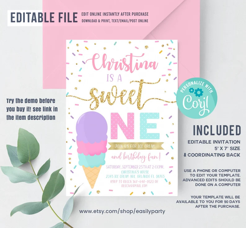 Editable Ice Cream Invitation Ice Cream Birthday Invitation Ice Cream Sweet One 1st Party Ice Cre... | Etsy (US)