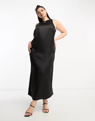 ASOS DESIGN Curve racer neck satin midi dress in black | ASOS (Global)
