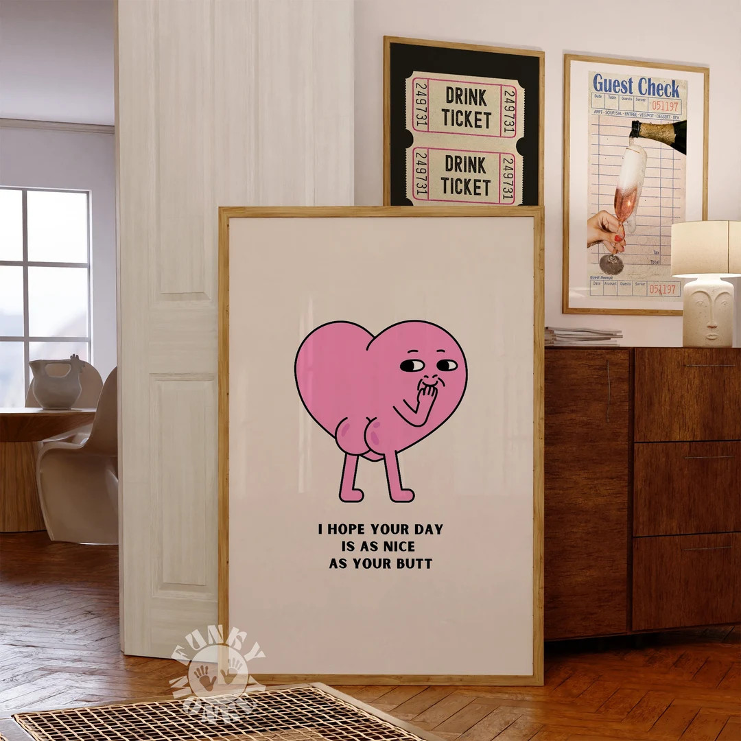 Retro Wall Art, Nice Butt Quote Print, Funny Bathroom Printable, Pink Heart Character Trendy Wall... | Etsy (US)