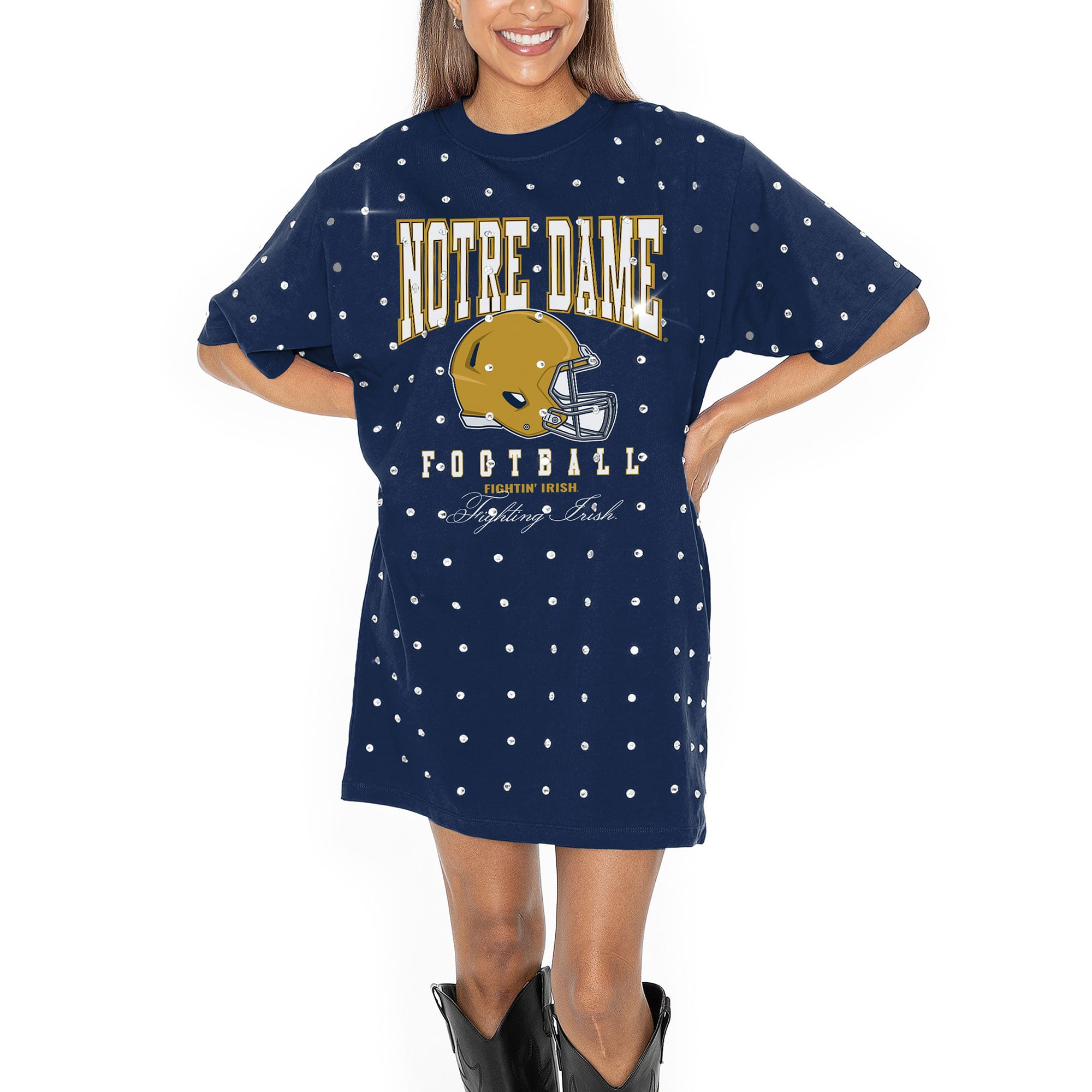 Notre Dame Fighting Irish Gameday Couture Women's Allover Rhinestone T-Shirt Dress - Navy | Fanatics