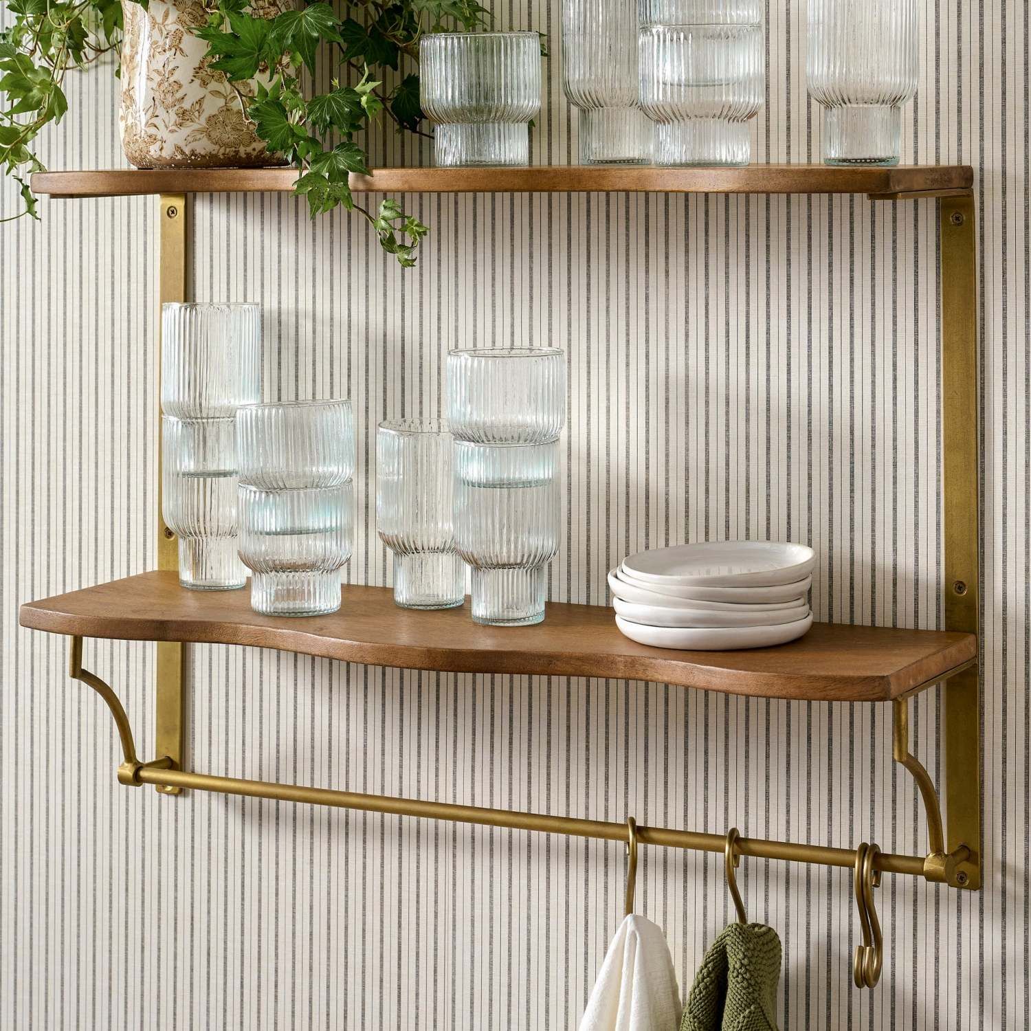 Double Pearson Brass and Wood Shelf with Rail | Magnolia