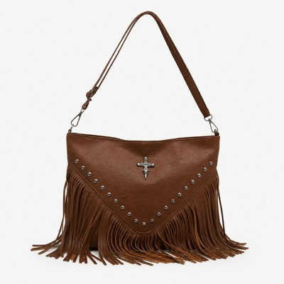 Alilang Studded Fringe Shoulder Bag with Adjustable Strap and Zip Closure - Brown | Target