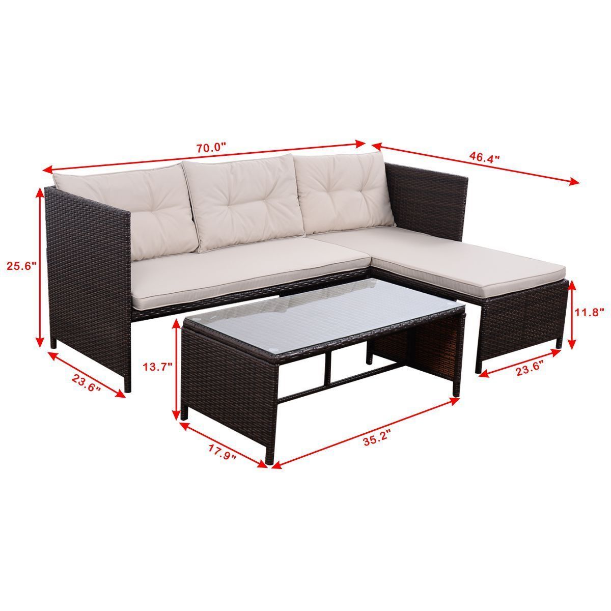 Goplus 3 PCS Outdoor Rattan Furniture Sofa Set Lounge Chaise Cushioned Patio Garden | Walmart (US)