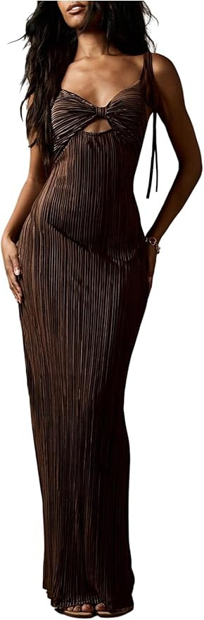 OYOANGLE Women's Bowknot Striped Maxi Dress Tie Shoulder Sweetheart Bodycon Long Dresses | Amazon (US)