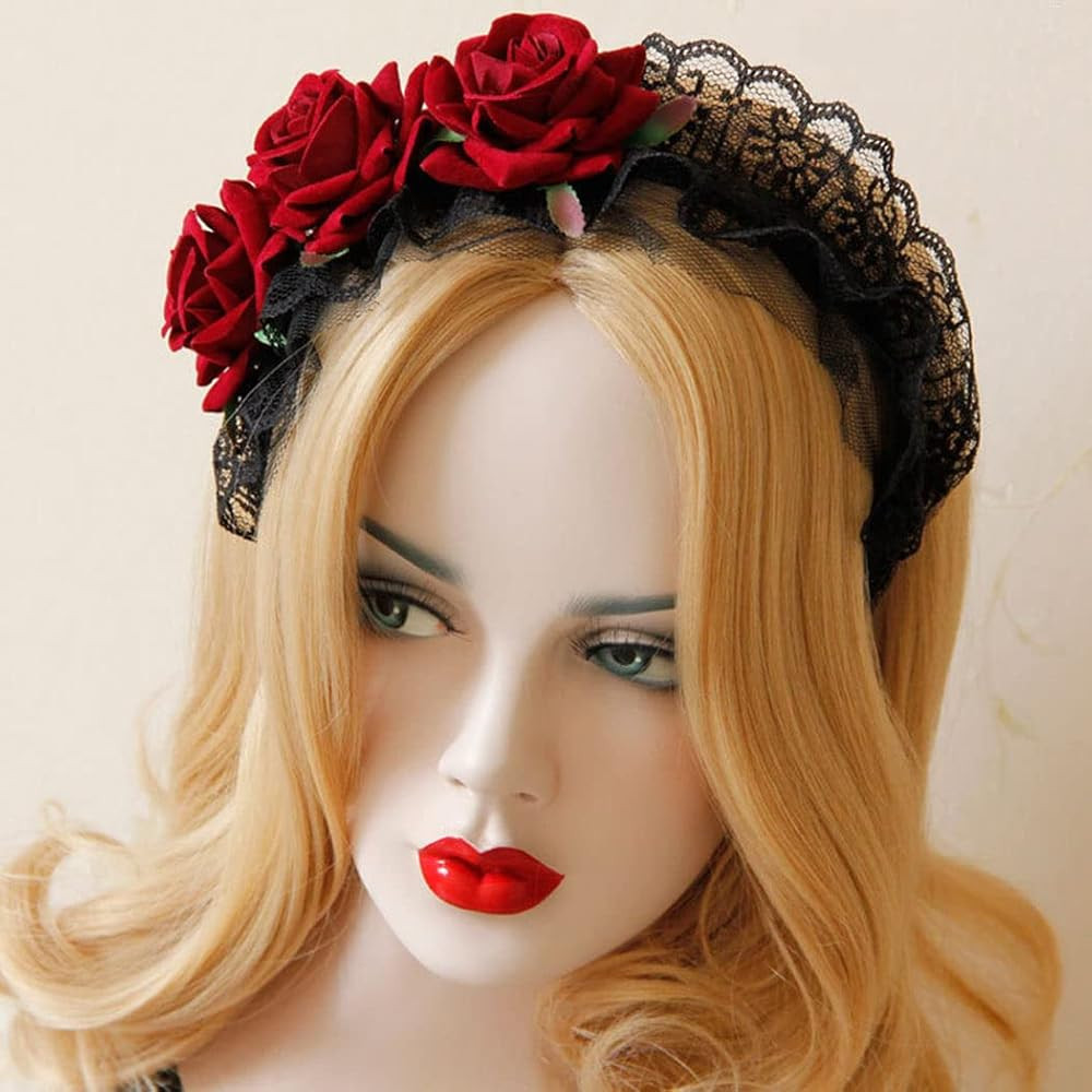 GORTIN Gothic Lolita Headband Black Halloween Headpieces Red Rose Flower Hair Bands Masquerade Co... | Amazon (US)