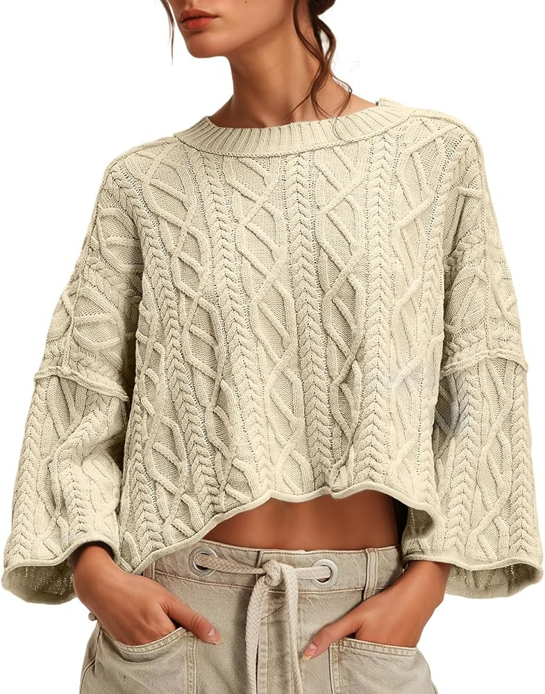 UNCLECAT Women's Cable Knit Cropped Sweaters Oversized Fall Sweater Long Sleeve Knit Trendy Pullo... | Amazon (US)
