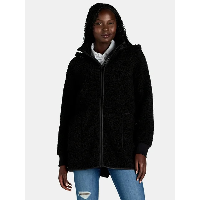 Time and Tru Women’s and Women’s Plus Faux Shearling Zip Hoodie Jacket, Midweight, Sizes S-3X | Walmart (US)