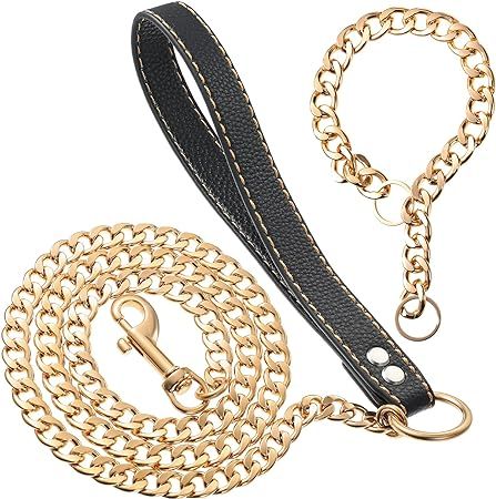 Frienda Strong Dog Chain Leash Set Gold, 40 Inch Metal Dog Leash Leather Handle and 17.8 Inch Dog... | Amazon (US)