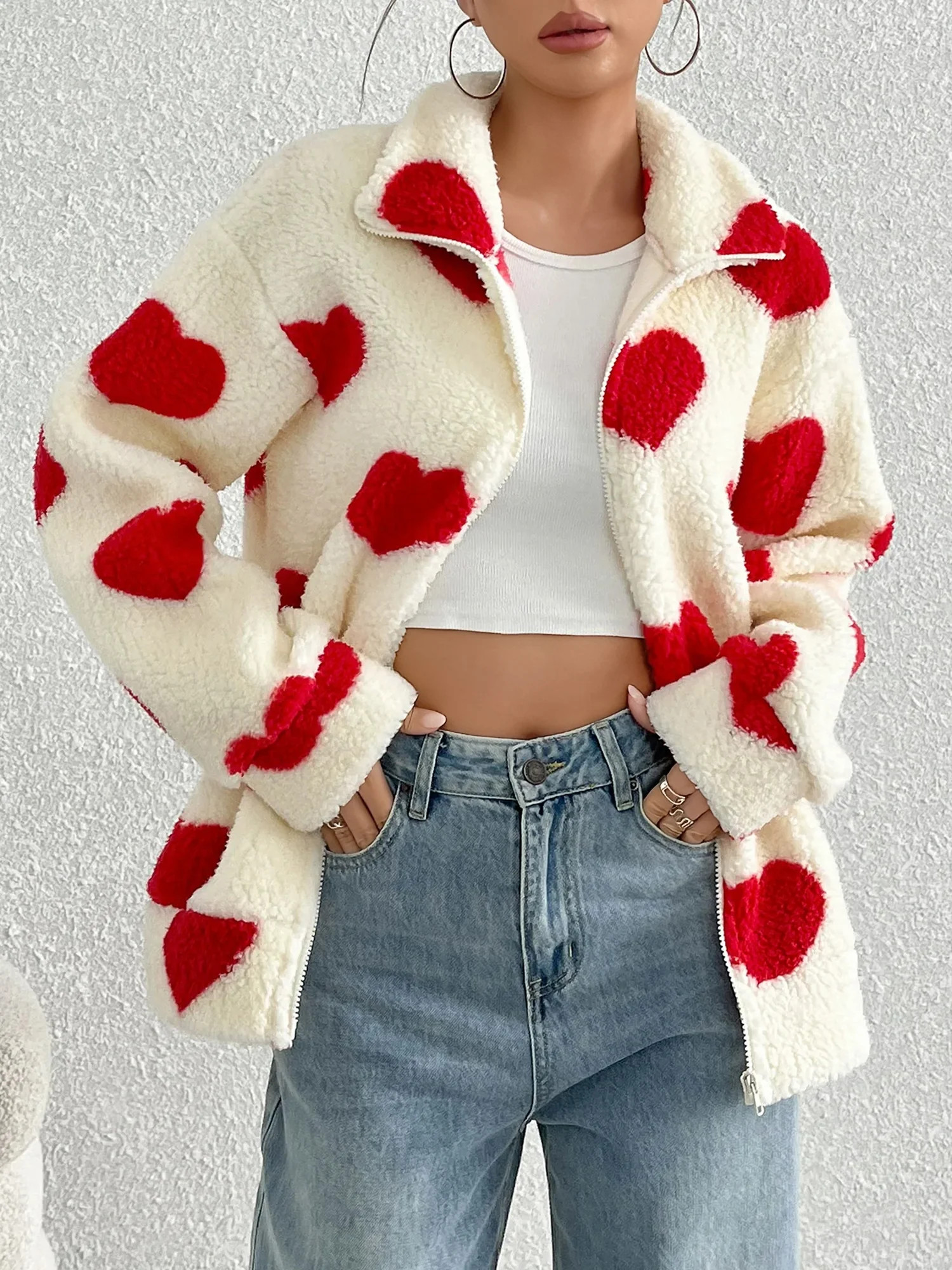 Plush Heart Print Loose Long Sleeve Zipper Jacket | allegra-k