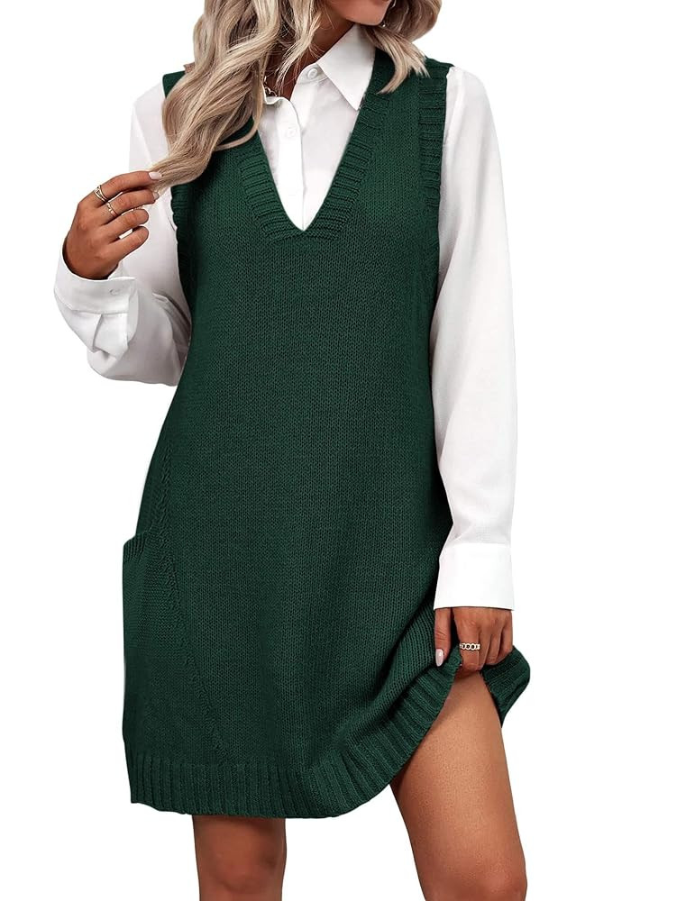 Zeagoo Womens Sweater Vest Dress Pattern Knitted Pullovers Sweaters V Neck Tank Sweater Dress wit... | Amazon (US)