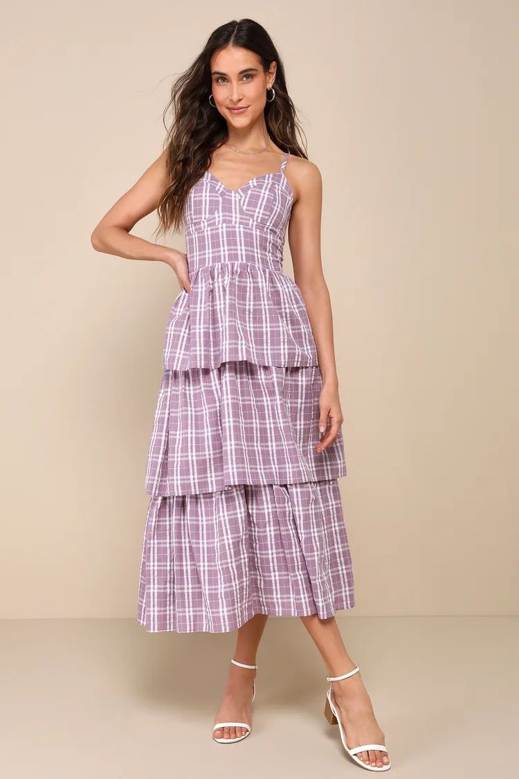 Cutest Flair Lilac Plaid Sleeveless Bustier Tiered Midi Dress | Lulus
