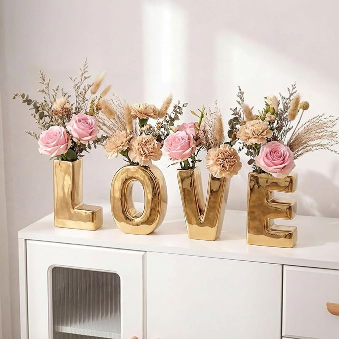 4 Pcs Gold Love Letter Vase 6" Ceramic Valentine's Day Table Centerpiece Gold Bubble Love Words S... | Amazon (US)