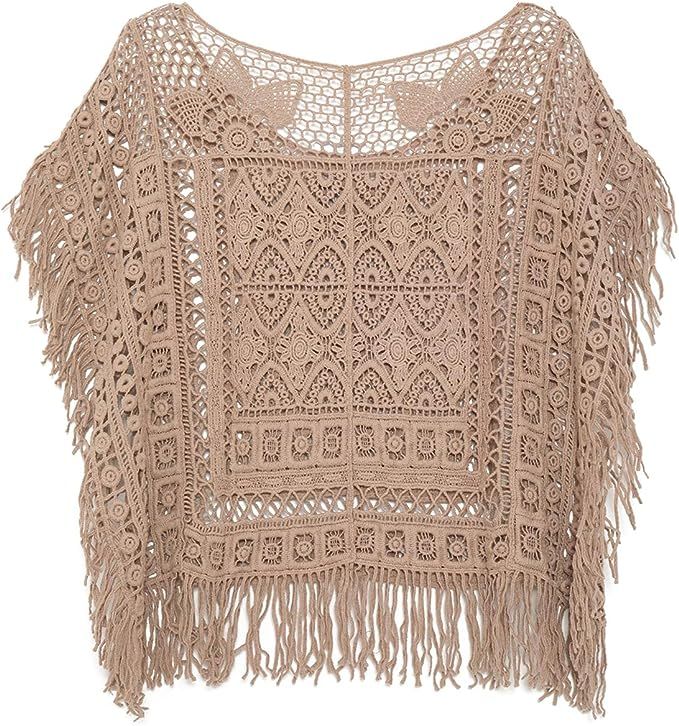 JASTIE Women Boho Hippie T-Shirt Tunic Tops Crochet Blouse Shirt Hollow Out Beach Swimsuit Cover ... | Amazon (US)