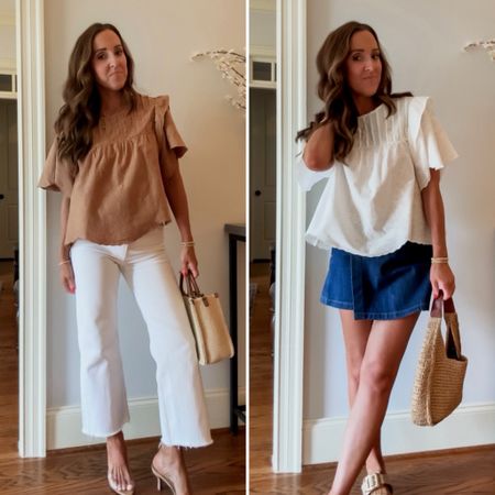 Eyelet ruffle top. Summer top. White denim. Denim skort. Summer style. 
Top XS. White denim TTS, 25. Skort 2. Sandals both TTS

#LTKover40 #LTKSeasonal #LTKitbag