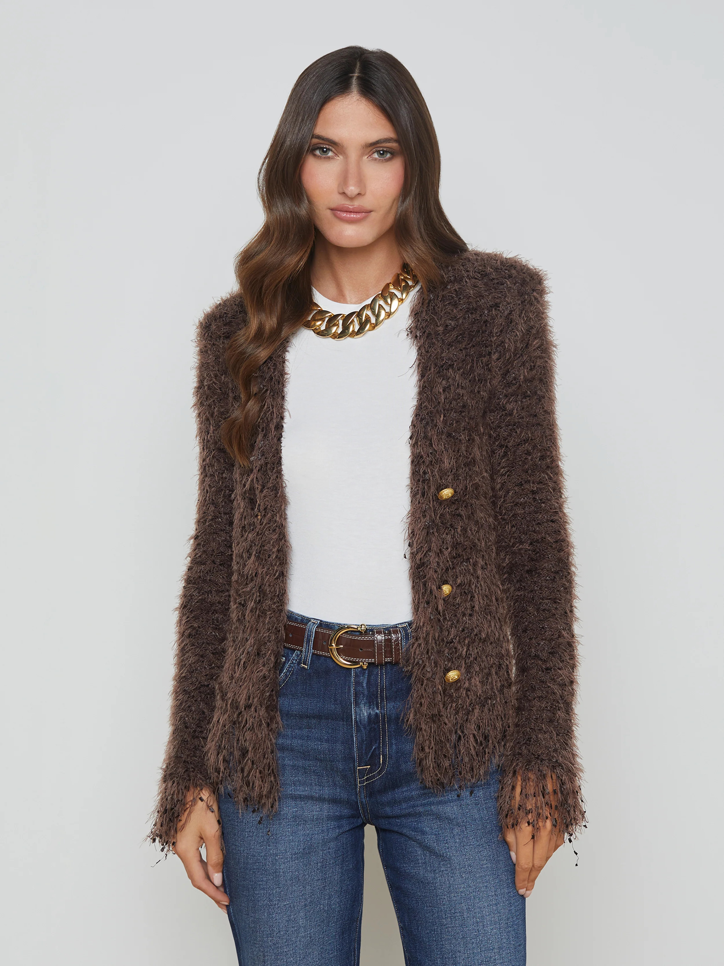 L'AGENCE - Azure Fringe Cardigan Blazer in Chocolate Ganache | L'Agence