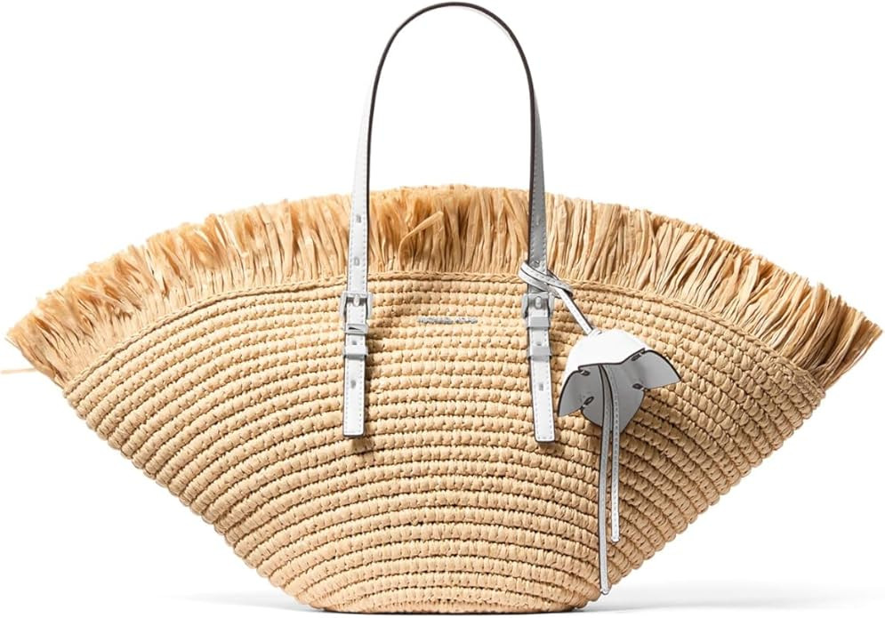 Amazon.com: Michael Kors Women's Isa Small Fan Tote, Silver-Tone Hardware/Crochet Straw, Natural/... | Amazon (US)