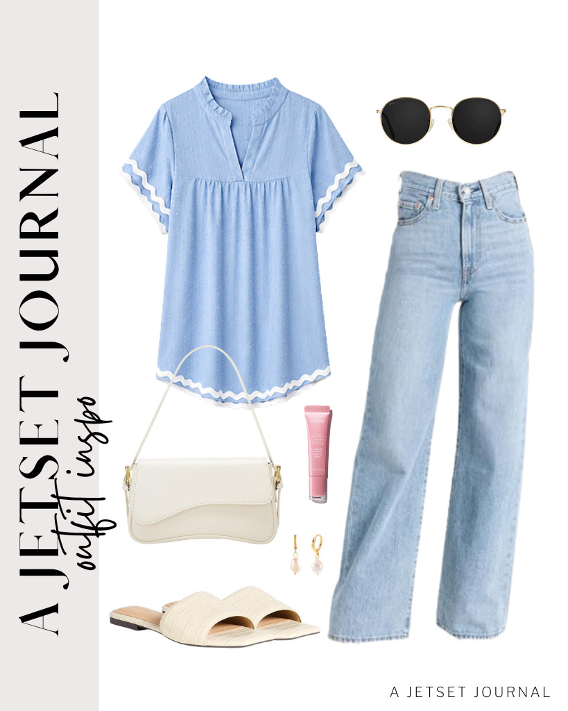 Running daily errands? Wear this light blue ruffle blouse with Levi's wide-leg jeans. A lot of people are obsessed with these Amazon Essentials flat slide sandals and a simple shoulder bag that complements this relaxed look. Finish the style with these WearMe Pro sunglasses for an effortless outdoor setup.

#LTKSeasonal #LTKSaleAlert #LTKTravel
 

 