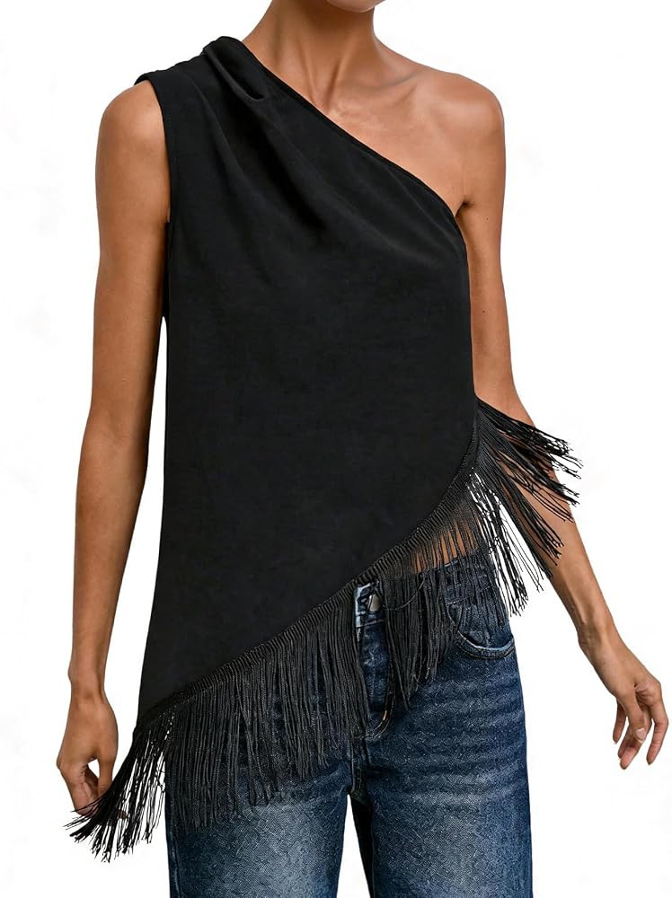 MakeMeChic Women's Asymmetrical Fringe Tops Sleeveless Going Out Tank Tops | Amazon (US)