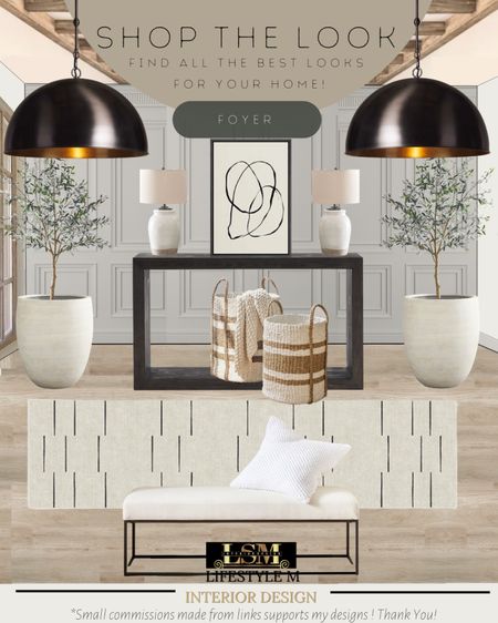Transitional, modern farmhouse foyer idea. Metal frame upholstered bench, black dome pendant light, throw basket, stripped runner, white terracotta tree planter pot, realistic faux fake tree, wall art, ceramic table lamp, black console table.

#LTKstyletip #LTKhome #LTKFind