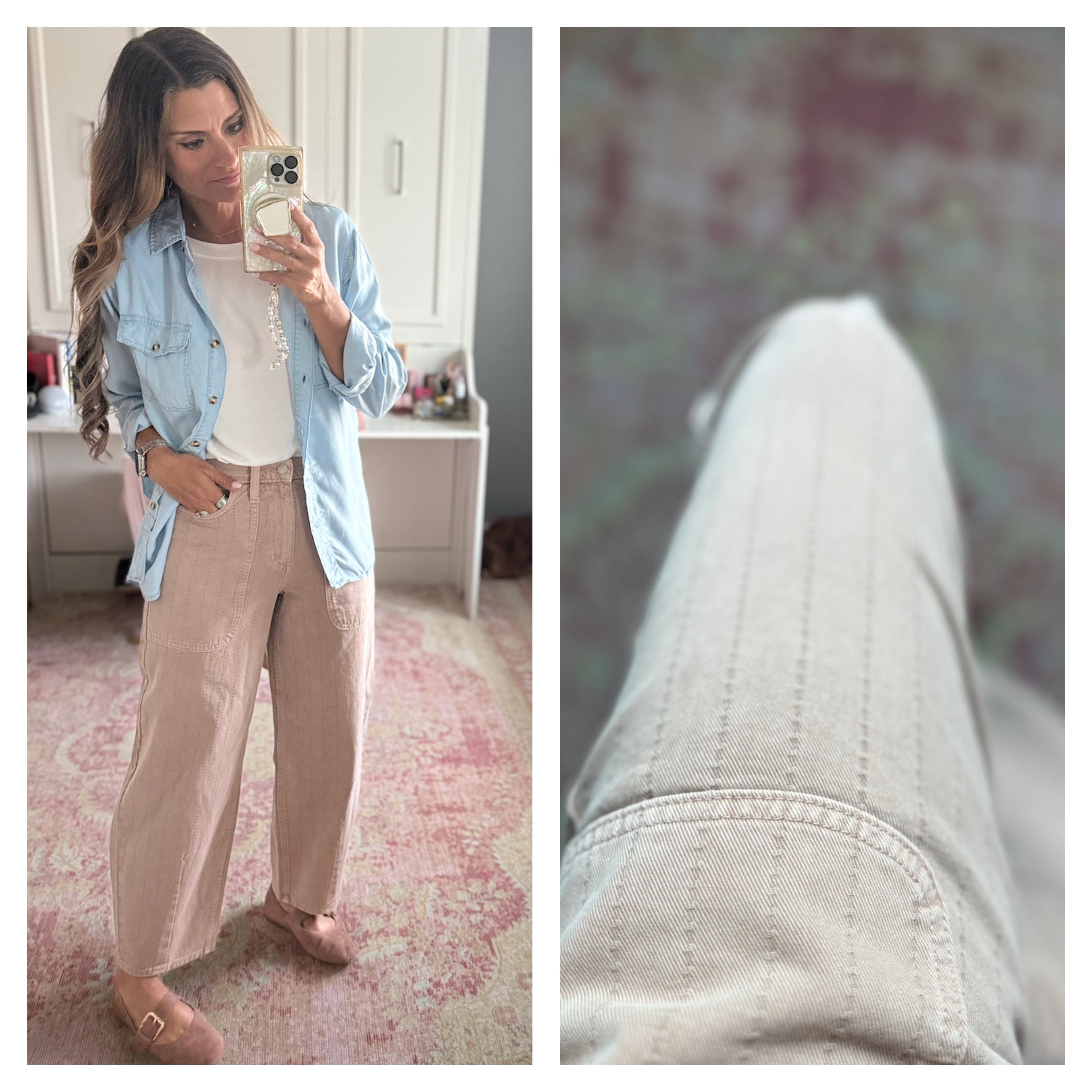 How to style tan barrel jeans 

 