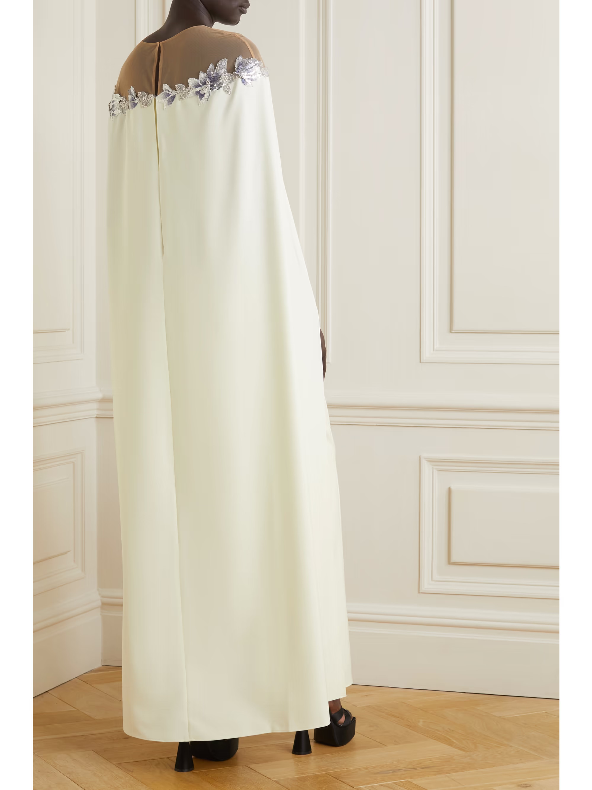 Cape-effect embellished embroidered tulle-trimmed stretch-crepe gown | NET-A-PORTER (US)