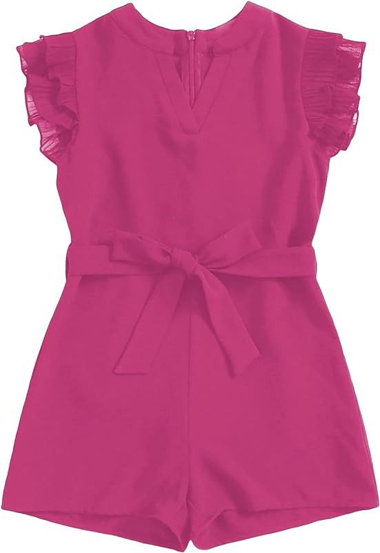 WDIRARA Girl's Notched V Neck Ruffle Cap Sleeve Zipper Back Romper Shorts | Amazon (US)
