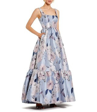 Brocade Square Neck Sleeveless Floral Gown | Dillard's