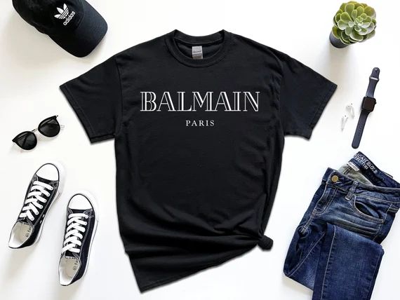 Black Balmain Paris Elite Classy Inspired High Fashion BRAND NEW Designer Custom T Shirt w/ White... | Etsy (US)
