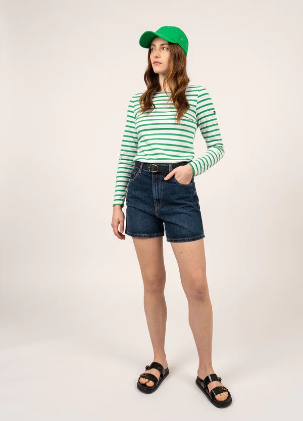 MINQUIDAME - Breton Striped Shirt with Long Sleeve | Soft Cotton | Women Fit (WHITE / GREEN) | Saint James USA
