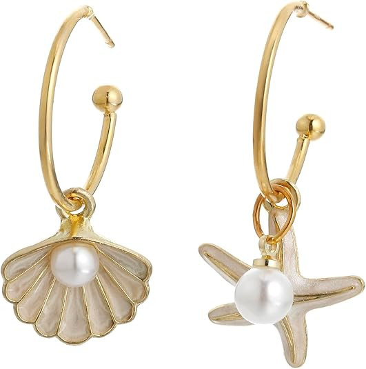 Shell Hoop Earrings, Asymmetric Shell and Starfish Earrings Seashore Hoop Earrings Beach Jewelry | Amazon (US)