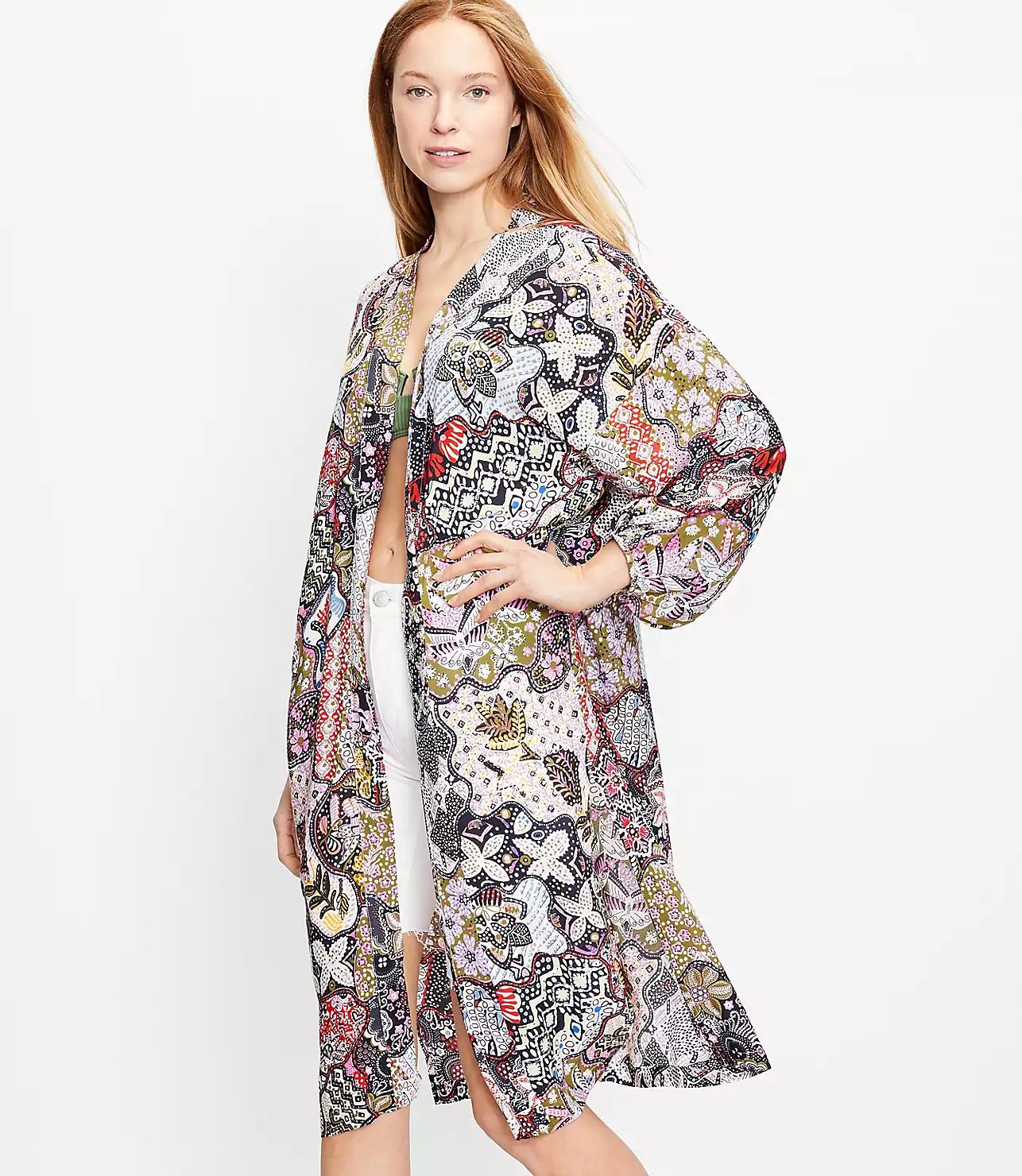 Mosaic Floral Ruched Sleeve Duster | LOFT