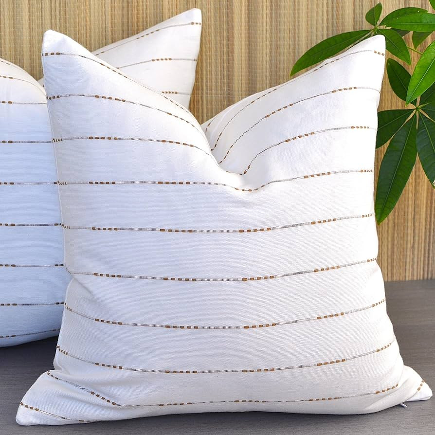 Minimalist Neutral Pillow Covers 18 x18 inches Cream White/Cotton Woven Striped Geometric Pattern... | Amazon (US)