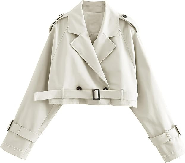Faleave Womens Cropped Jacket Long Sleeve Belted Trench Coat Solid Color | Amazon (US)