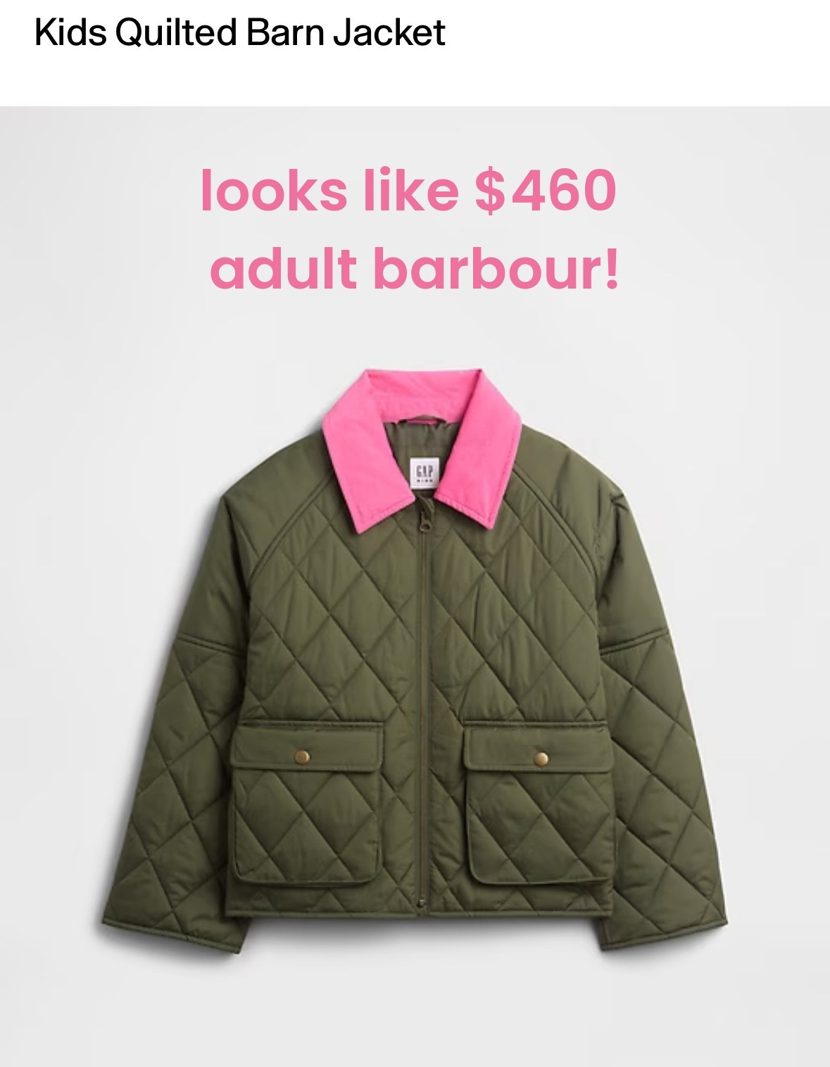 Kids Gap factory, but I wonder if I could fit in the 14-16 girls XL….

$28 is opposed to the $450 adult Barbour barn coat!

#LTKFindsUnder50 #LTKSeasonal #LTKActive