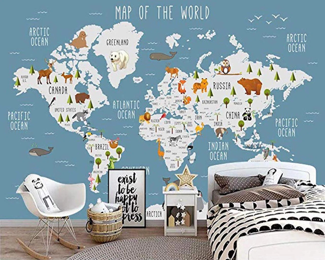 Blue World Map Wall Mural Cartoon Animal Textile Wallpaper | Wayfair North America