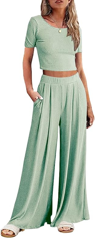 Ekouaer Women's 2 Piece Lounge Sets Ribbed Knit Crop Top Wide Leg Pants with Pockets S-XXL | Amazon (US)