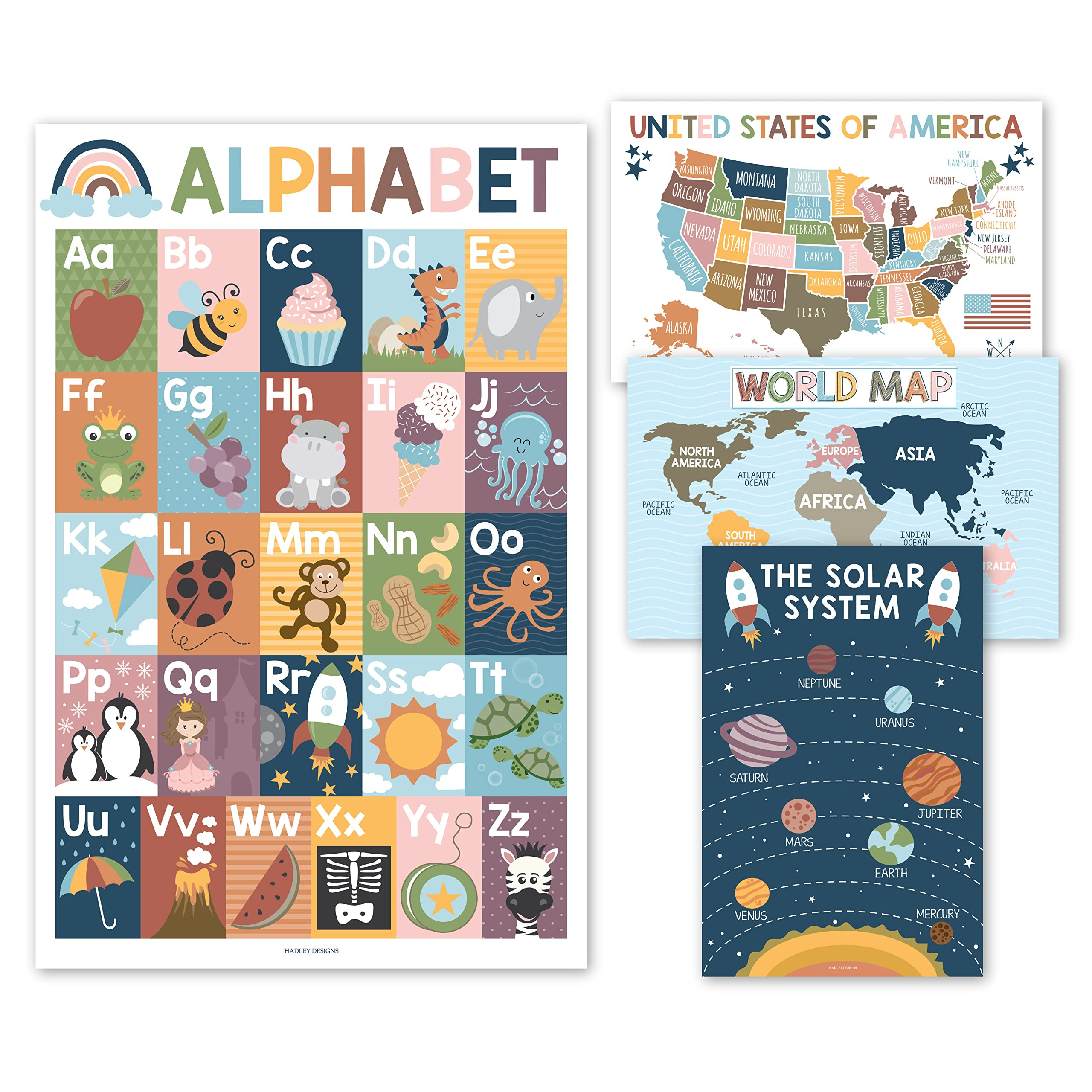 Hadley Designs 4 Alphabet, Map of United States, World Map, & Solar System Posters - Laminated AB... | Amazon (US)