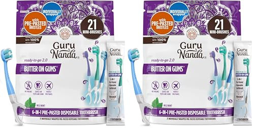 GuruNanda 6-in-1 Ready-to-Go Disposable Toothbrush, Pre-Pasted Butter on Gums Softex Bristles, Floss & Toothpick, Tongue & Cheek Cleaner, Individually Wrapped & TSA Friendly, 21 Ct (Pack of 2) | Amazon (US)