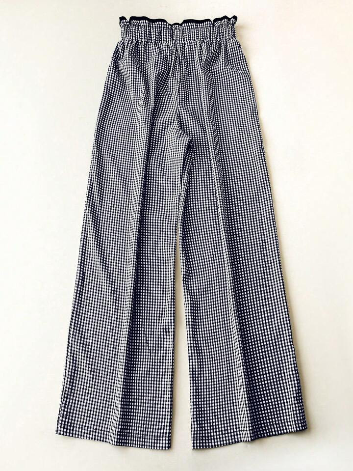 SHEIN LUNE Women's Casual Black&White Gingham Print High Waist Flounced Pocket Wide Leg Pants Fall Cloth For Women | SHEIN