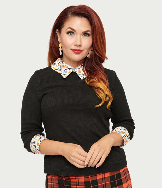 Unique Vintage Black & White Halloween Print Contrast Sabrina Sweater | UniqueVintage