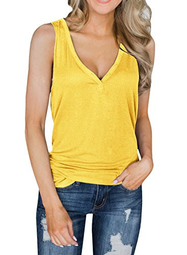 Dellytop Womens Tank Tops V Neck Sleeveless Henley Shirts Button Up Ribbed Long Tunic Tees (Medium, Yellow) | Amazon (US)