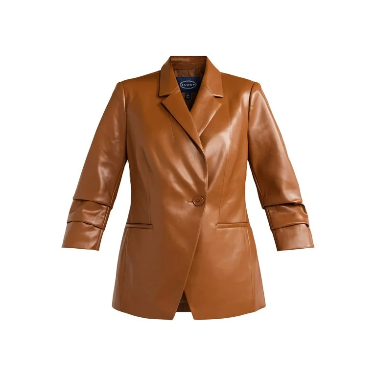 Scoop Women's Ultimate Faux Leather Scrunch Sleeve One Button Blazer, Sizes XS-XXL - Walmart.com | Walmart (US)