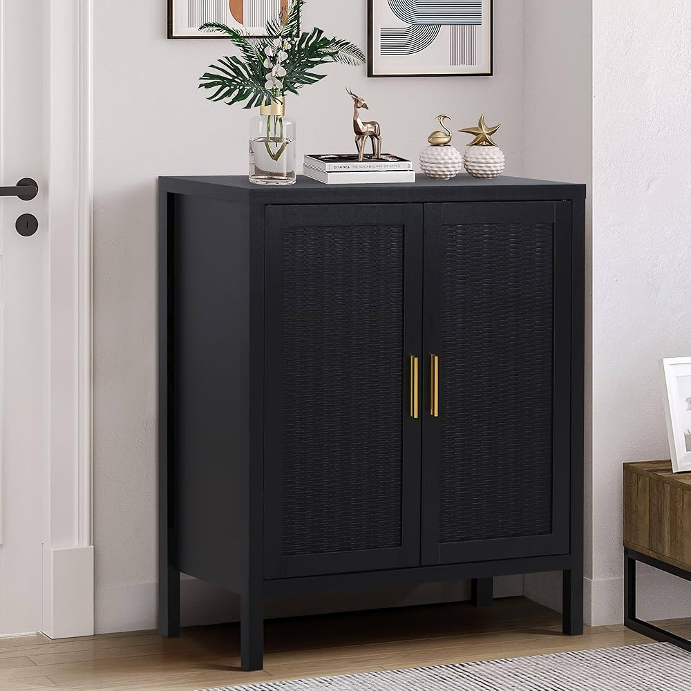 Black Sideboard Cabinet, Rattan Sideboard Buffet Cabinet with Storage 2 Doors and 2 Shelves, Kitc... | Amazon (US)