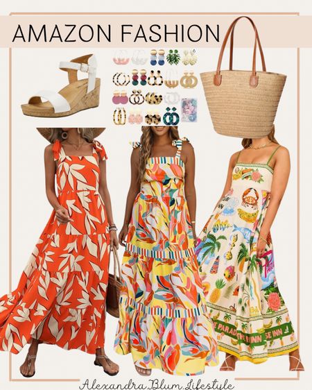 Colorful and vibrant maxi dresses! Straw tote bag, white strap wedge sandals! Cute vacation outfit! Summer outfit idea! Church outfit! Beach outfit! Honeymoon outfit! Date night outfit! Amazon fashion! Amazon finds! Amazon trends! 

#LTKItBag #LTKFindsUnder50 #LTKShoeCrush